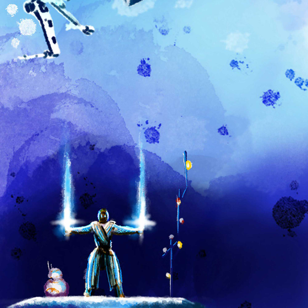 Close-up detail of Rey and BB-8 in Star Wars watercolor art