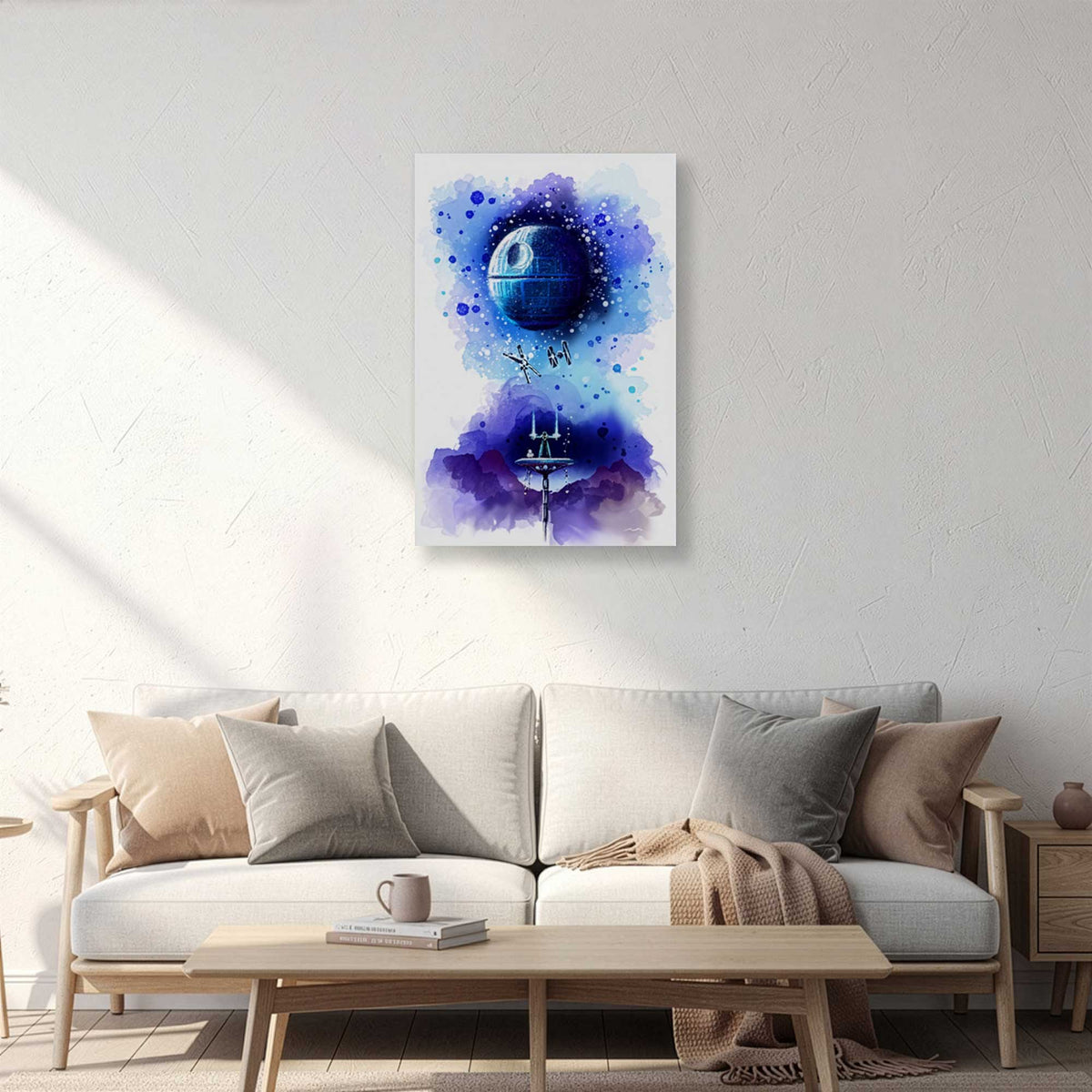 Star Wars watercolor art print displayed in a bright modern living room