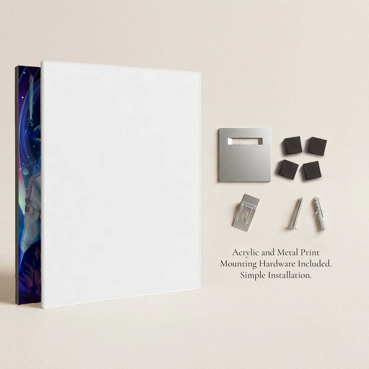 Mounting hardware included with acrylic and metal Galactic Starcruiser wall art prints for floating installation