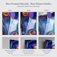 Comparison of metal, paper, and acrylic Galactic Starcruiser wall art finishes showing texture, gloss, and print detail