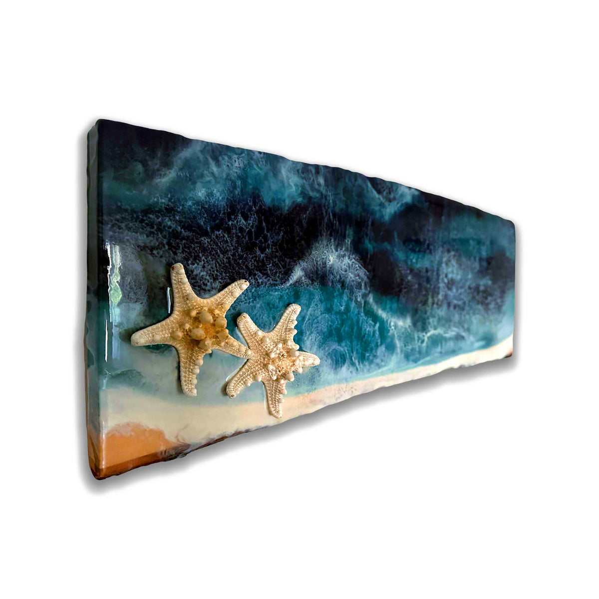 resin shoreline art on live edge wood