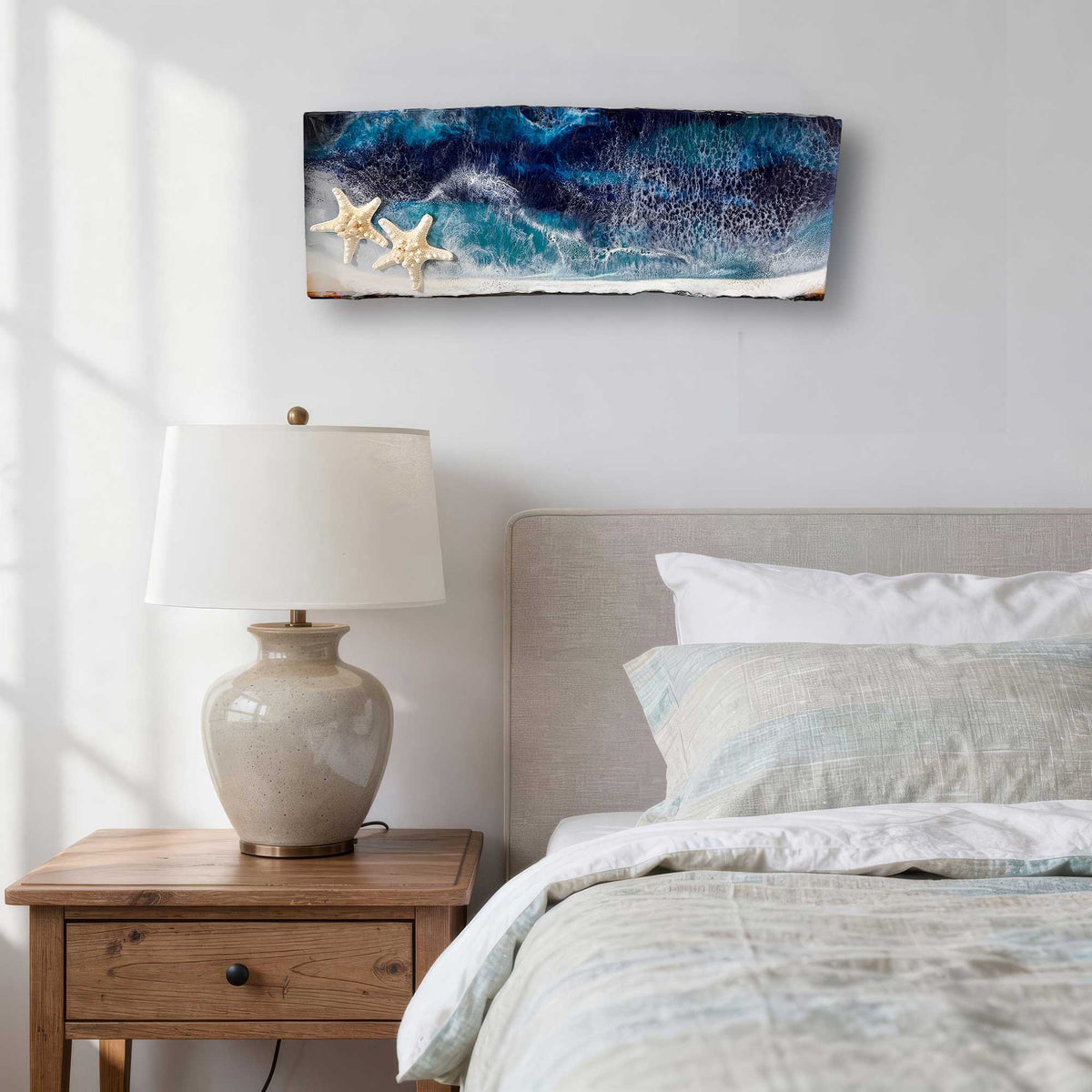 starfish shores resin art in bedroom vignette