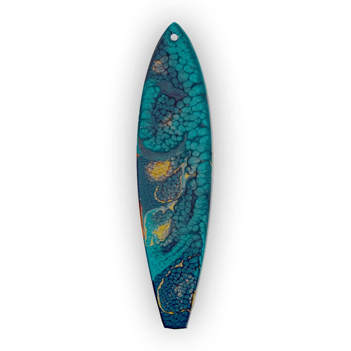 hand painted starry night surfboard ornament with deep blue and teal resin flow