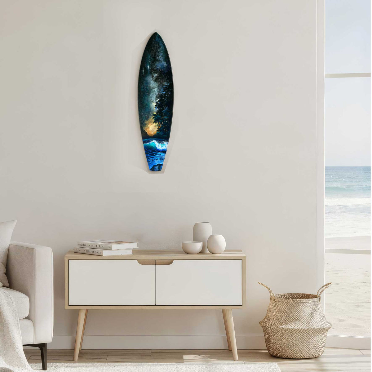 Starshine surfboard wall art displayed in beach home decor