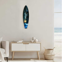 Starshine surfboard wall art displayed in beach home decor