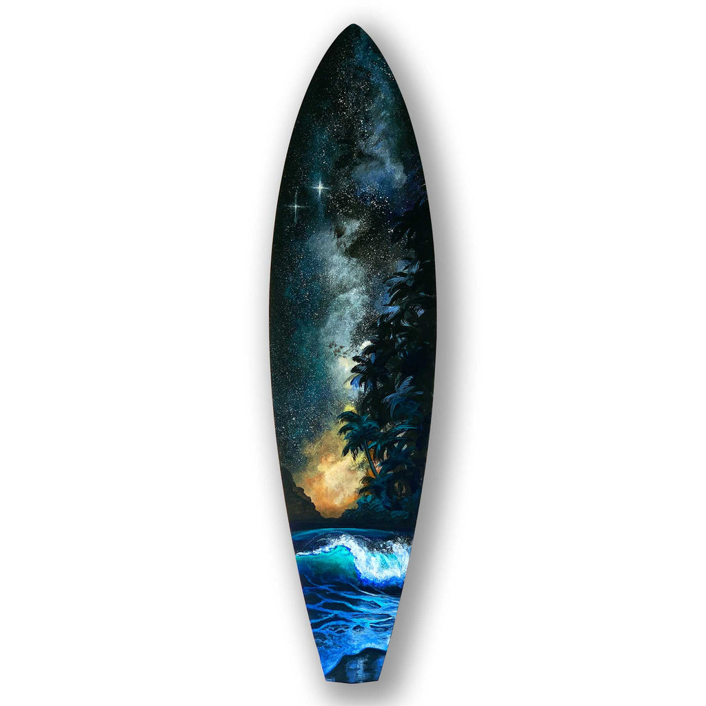 Front view of Starshine hand painted mini surfboard wall art