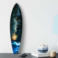 Close up of Starshine surfboard art styled in beach home interior
