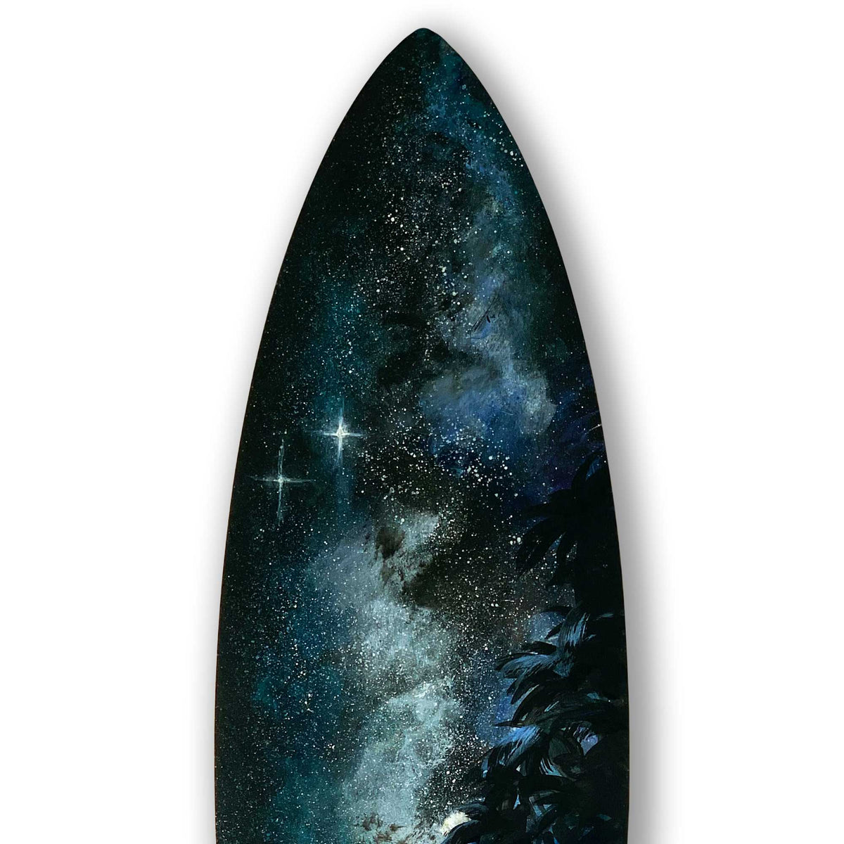 Detail of night sky and stars on Starshine surfboard art