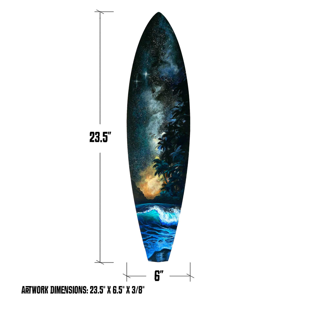 Size reference chart for Starshine mini surfboard artwork