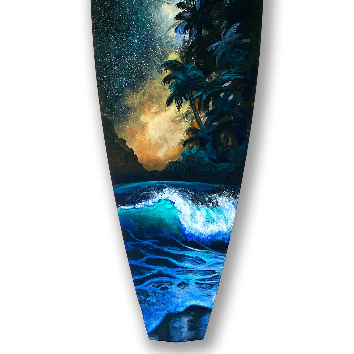 Detail of wave and shoreline painting on Starshine surfboard