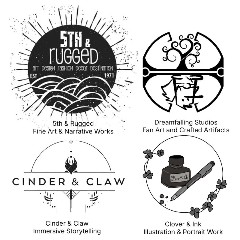 Logo sheet for all comapnies involved with Stellar Voyages - 5th & Rugged, Dreamfalling Studios, Cinder & Claw, and Clover & Ink