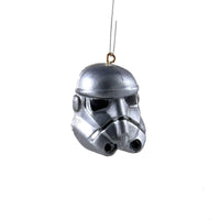 Mini Stormtrooper helmet ornament in silver, front view.