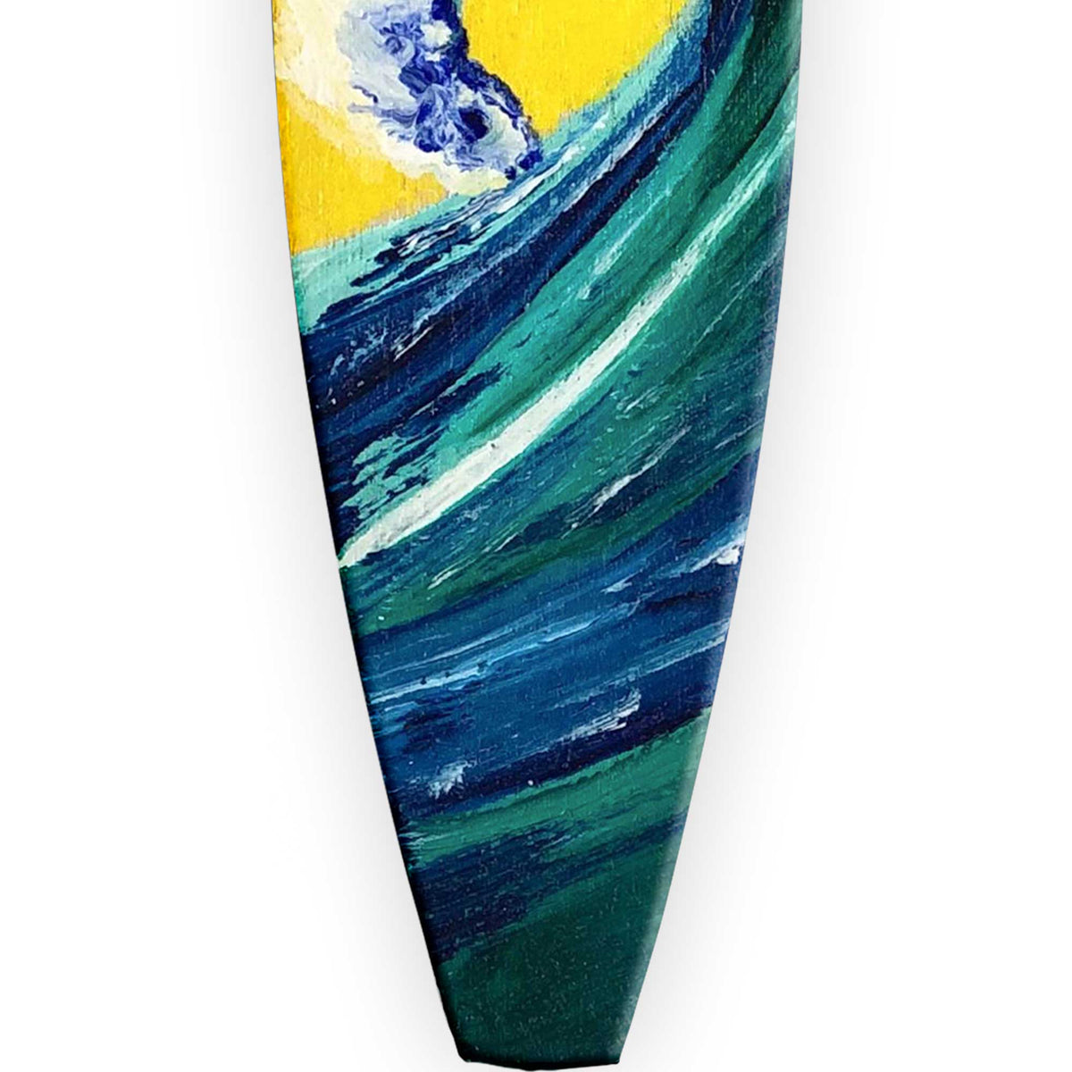 Christmas tree decor idea with blue-green surfing wave hand-painted on a surfboard Christmas ornament.