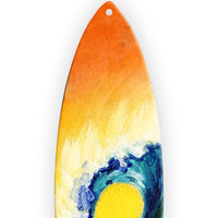 Blue-green surfing wave hand-painted on a wood surfboard Christmas ornament for coastal Christmas decor.