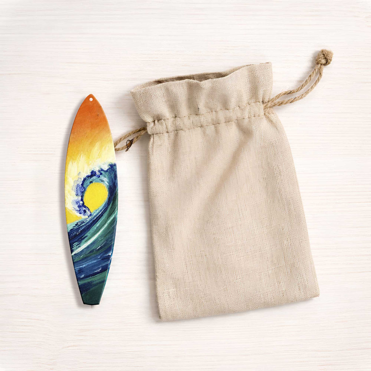 sunrise surfboard ornament with canvas gift bag