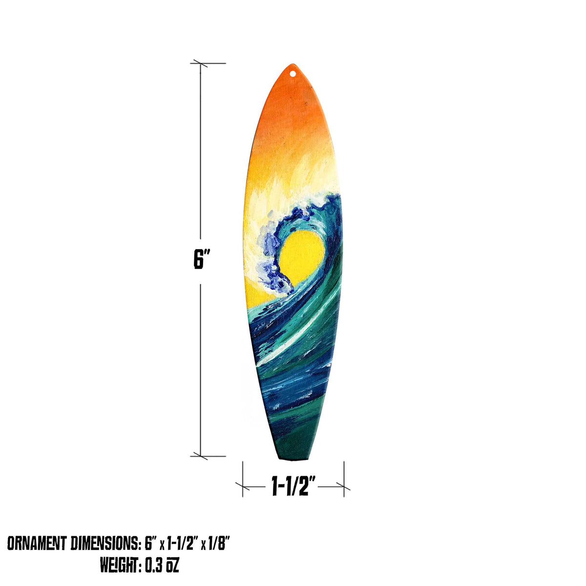 sunrise surfboard ornament size and dimensions graphic