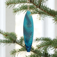 surf n’ stars surfboard ornament hanging on christmas tree