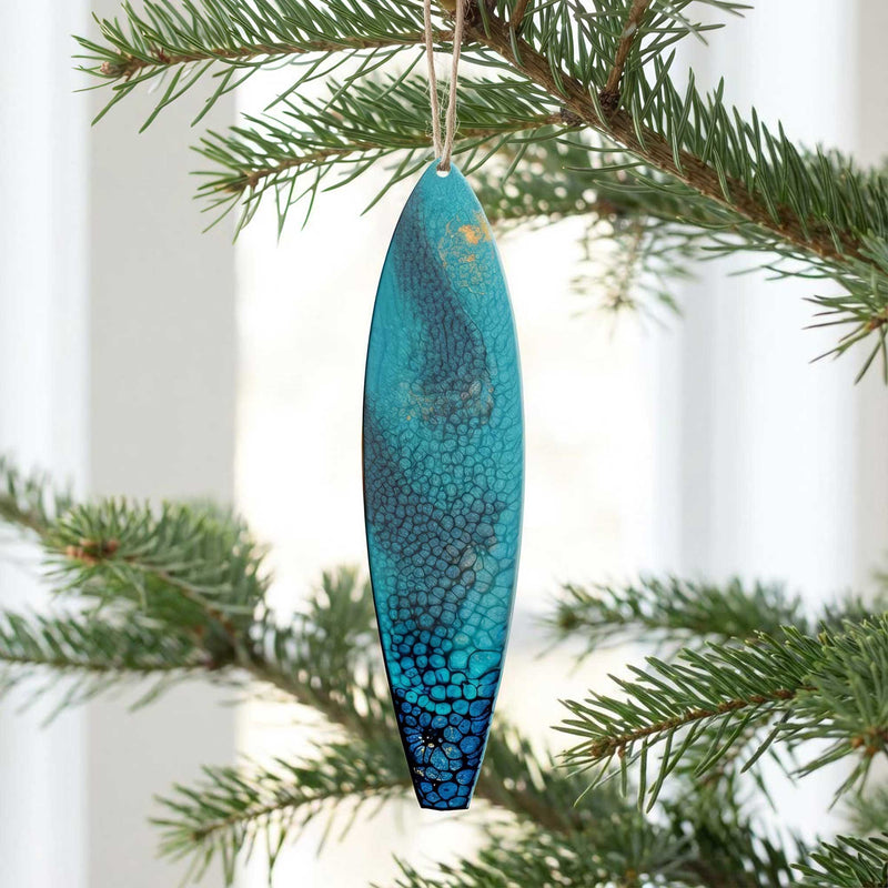 surf n’ stars surfboard ornament hanging on christmas tree