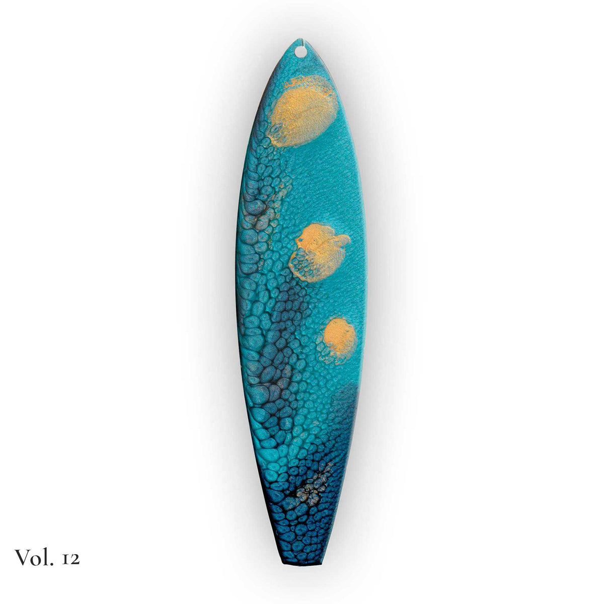 hand painted surfboard ornament with blue and teal pebeo resin and star like gold accents