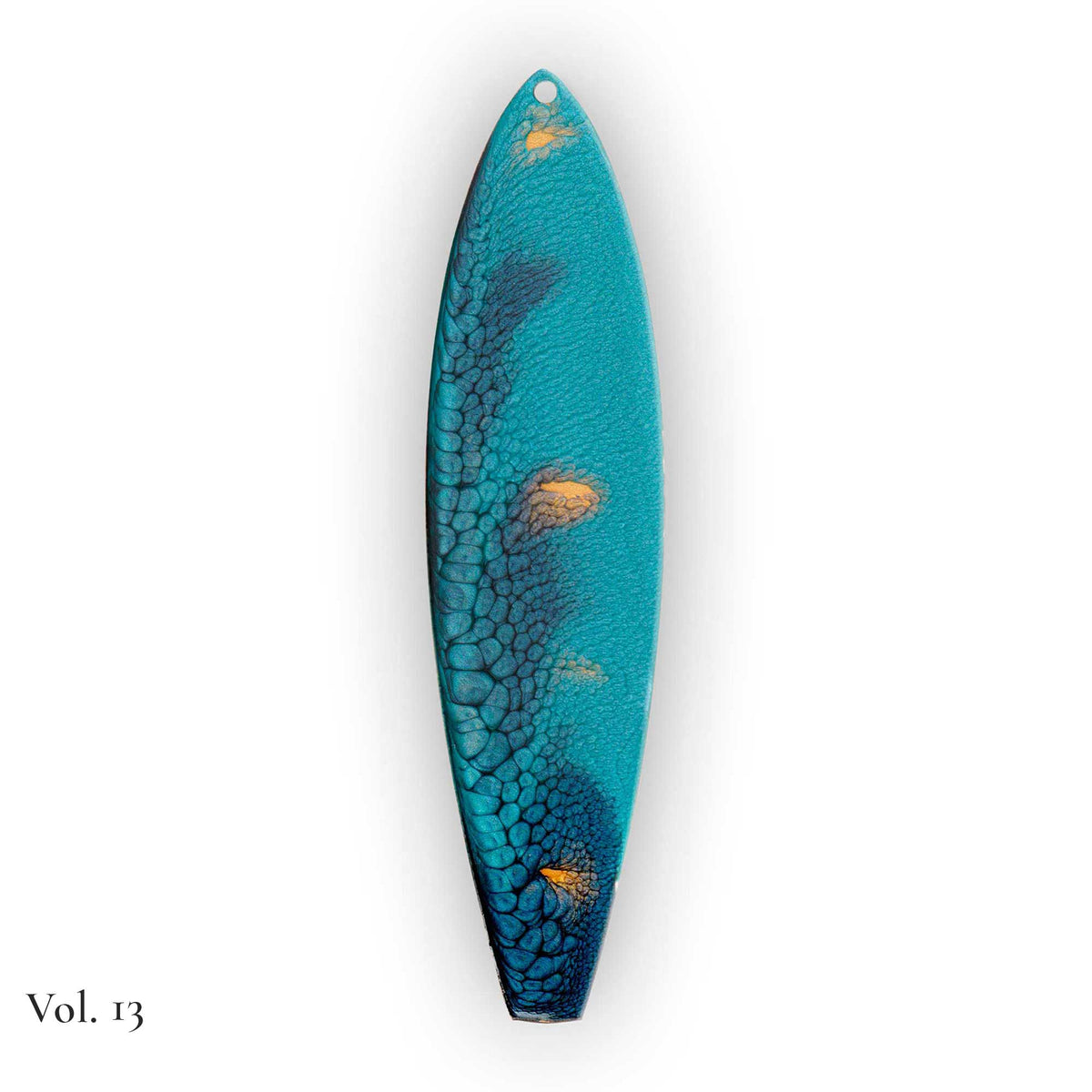 hand painted surfboard ornament with blue and teal pebeo resin and star like gold accents