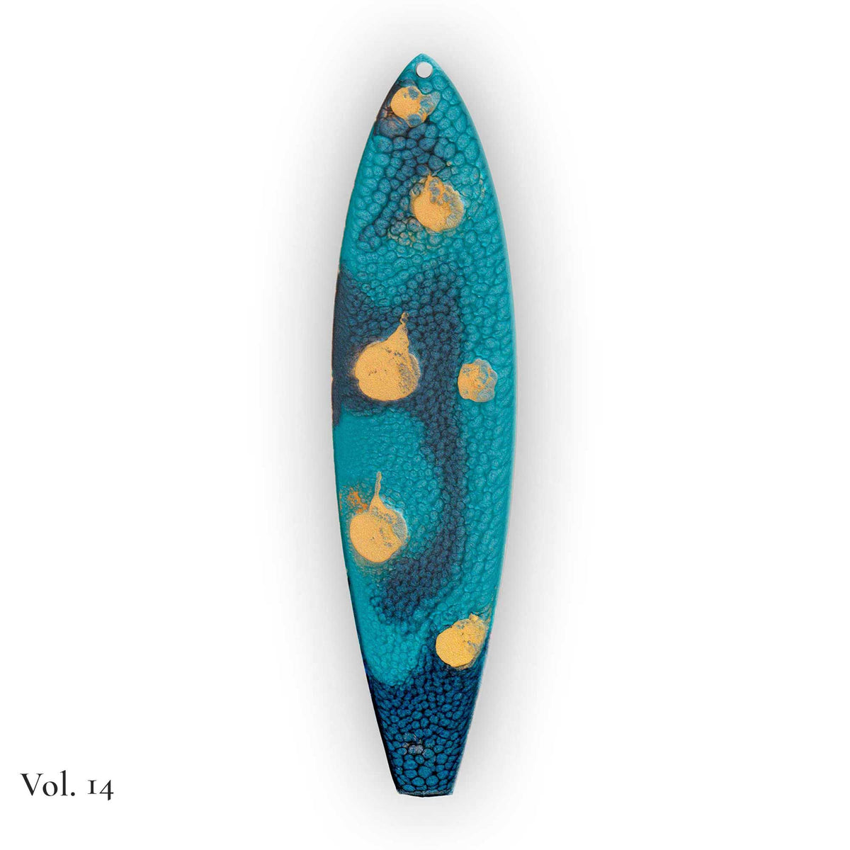 hand painted surfboard ornament with blue and teal pebeo resin and star like gold accents