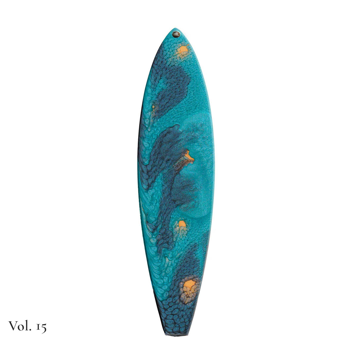 hand painted surfboard ornament with blue and teal pebeo resin and star like gold accents