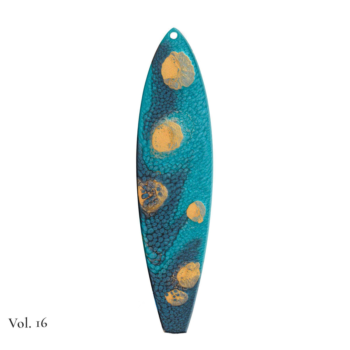 hand painted surfboard ornament with blue and teal pebeo resin and star like gold accents