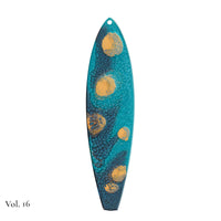 hand painted surfboard ornament with blue and teal pebeo resin and star like gold accents