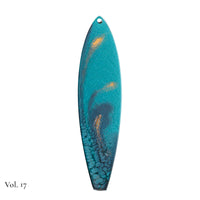hand painted surfboard ornament with blue and teal pebeo resin and star like gold accents