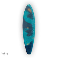 hand painted surfboard ornament with blue and teal pebeo resin and star like gold accents