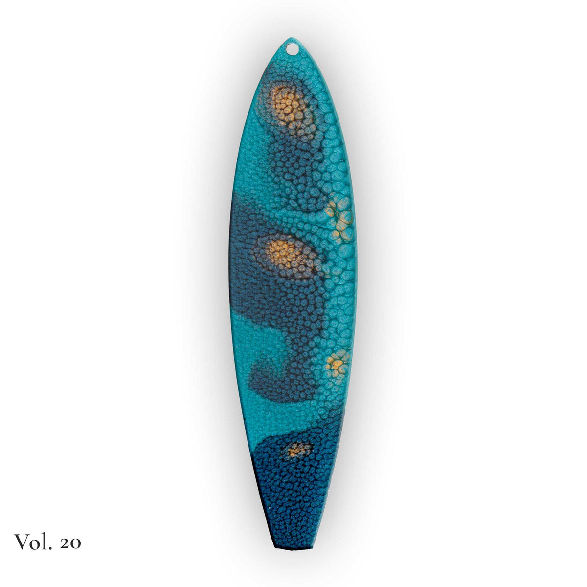 hand painted surfboard ornament with blue and teal pebeo resin and star like gold accents