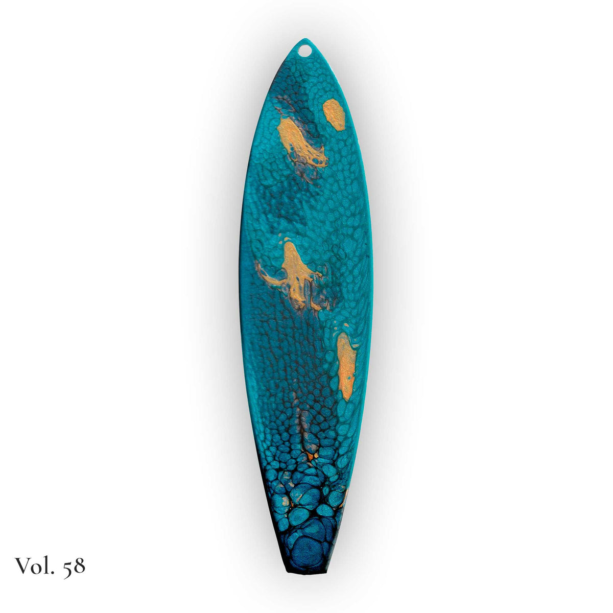hand painted surfboard ornament with blue and teal pebeo resin and star like gold accents