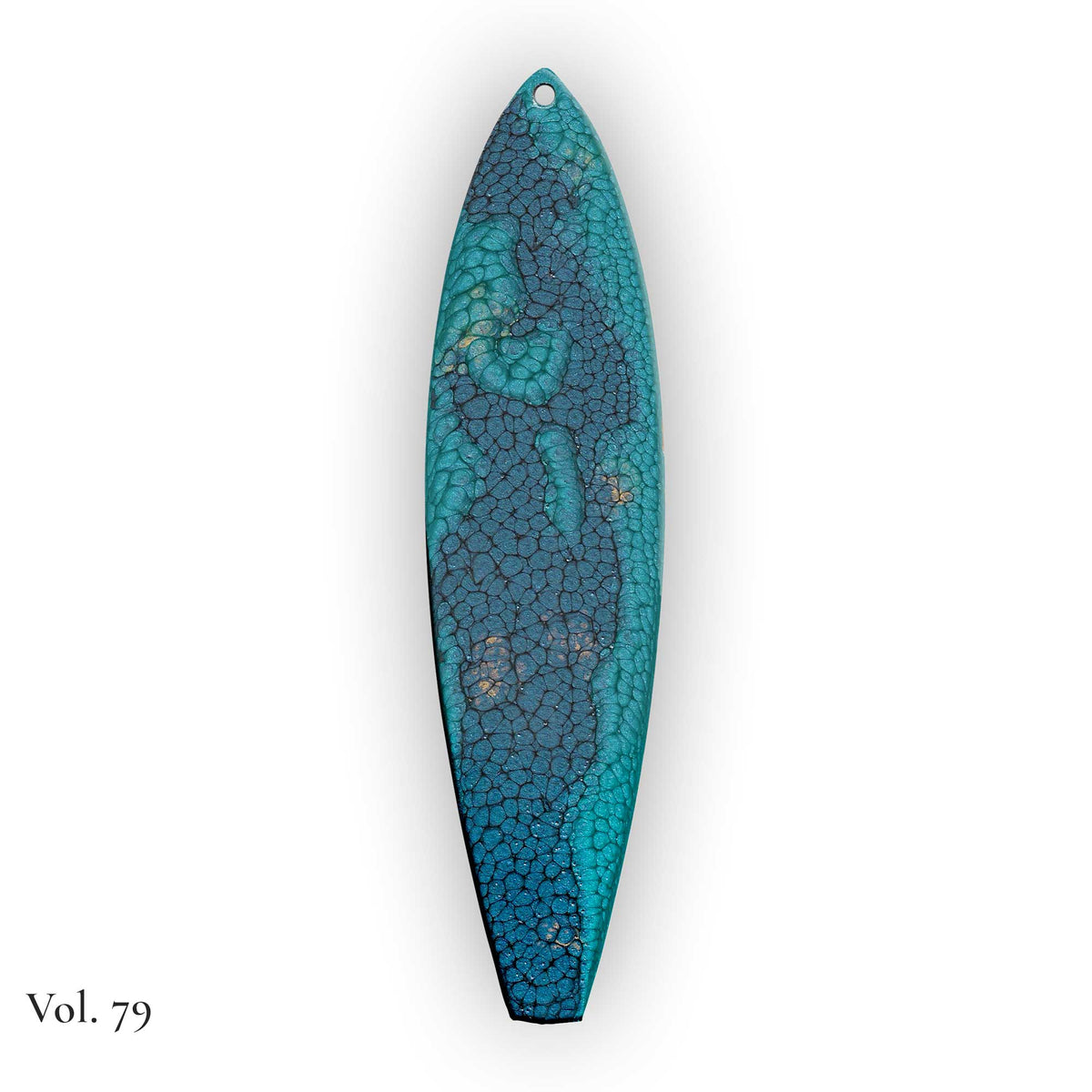 hand painted surfboard ornament with blue and teal pebeo resin and star like gold accents