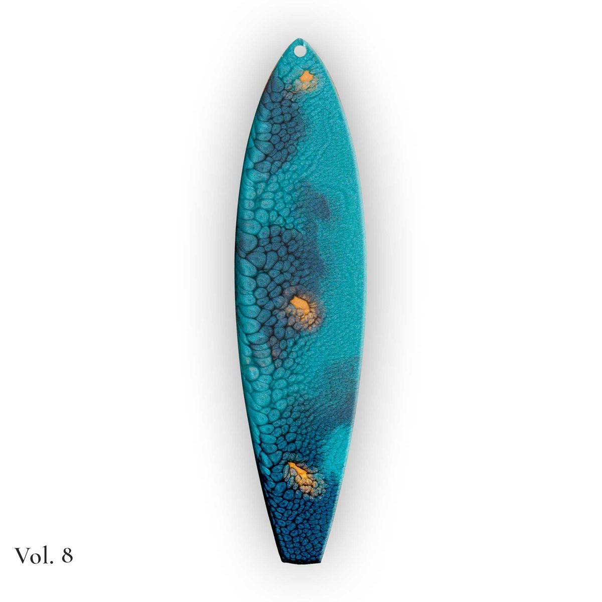 hand painted surfboard ornament with blue and teal pebeo resin and star like gold accents
