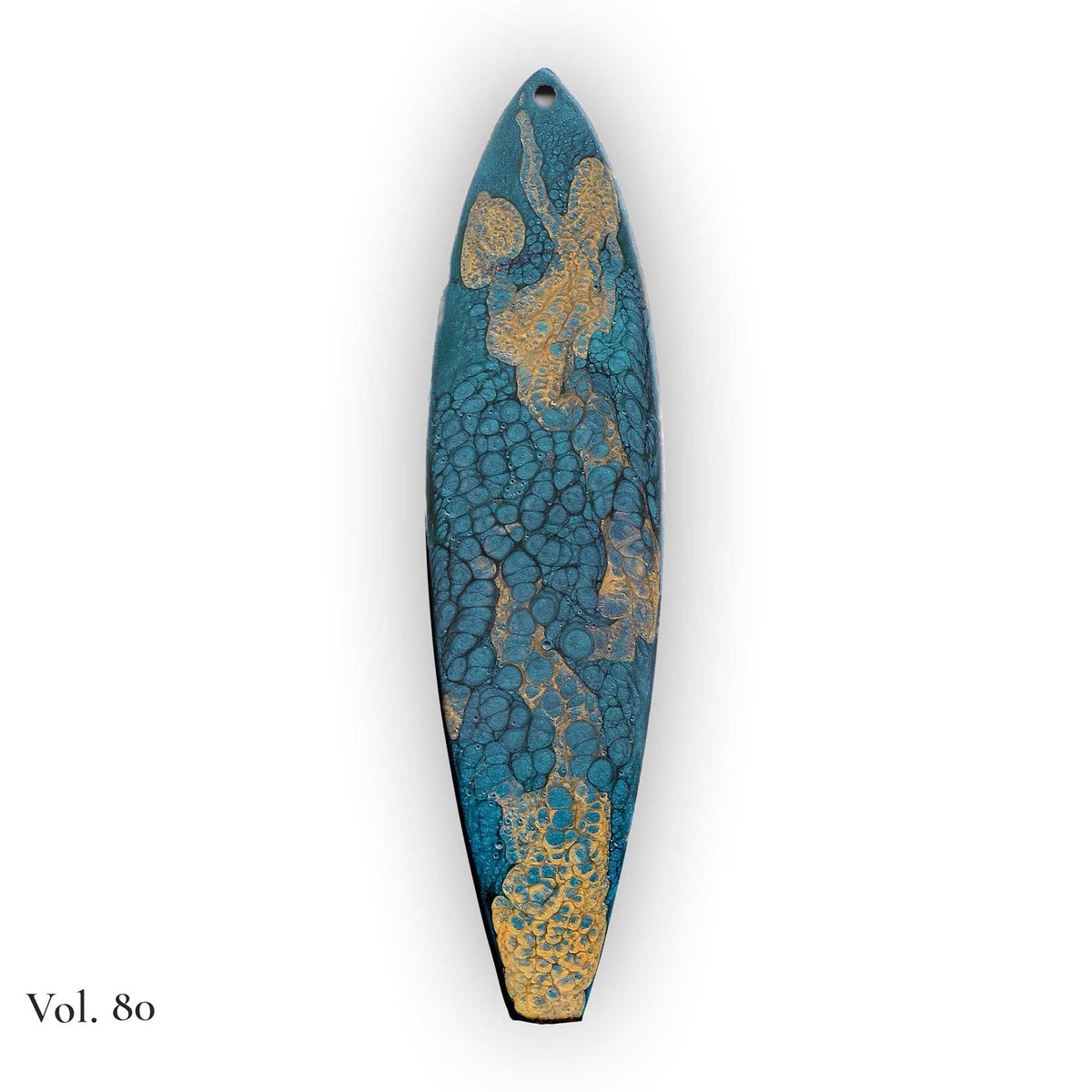 hand painted surfboard ornament with blue and teal pebeo resin and star like gold accents