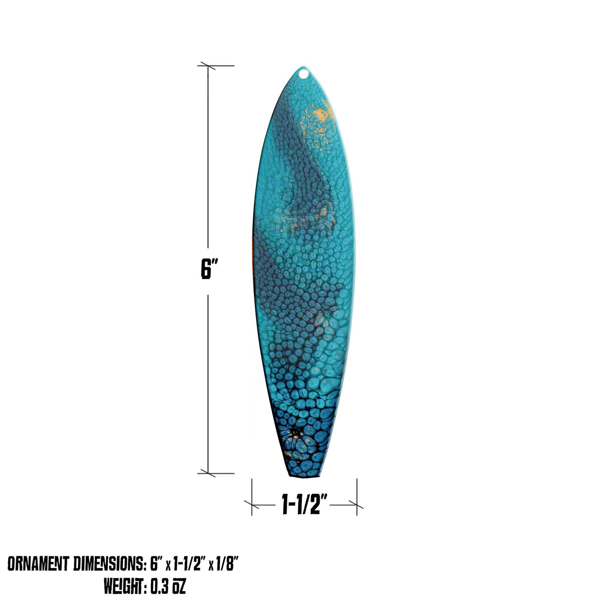 surf n’ stars surfboard ornament size and dimensions graphic