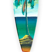 Artist-painted Hawaiian Holiday surfboard ornament with warm sunset tones, palm trees, and ocean horizon