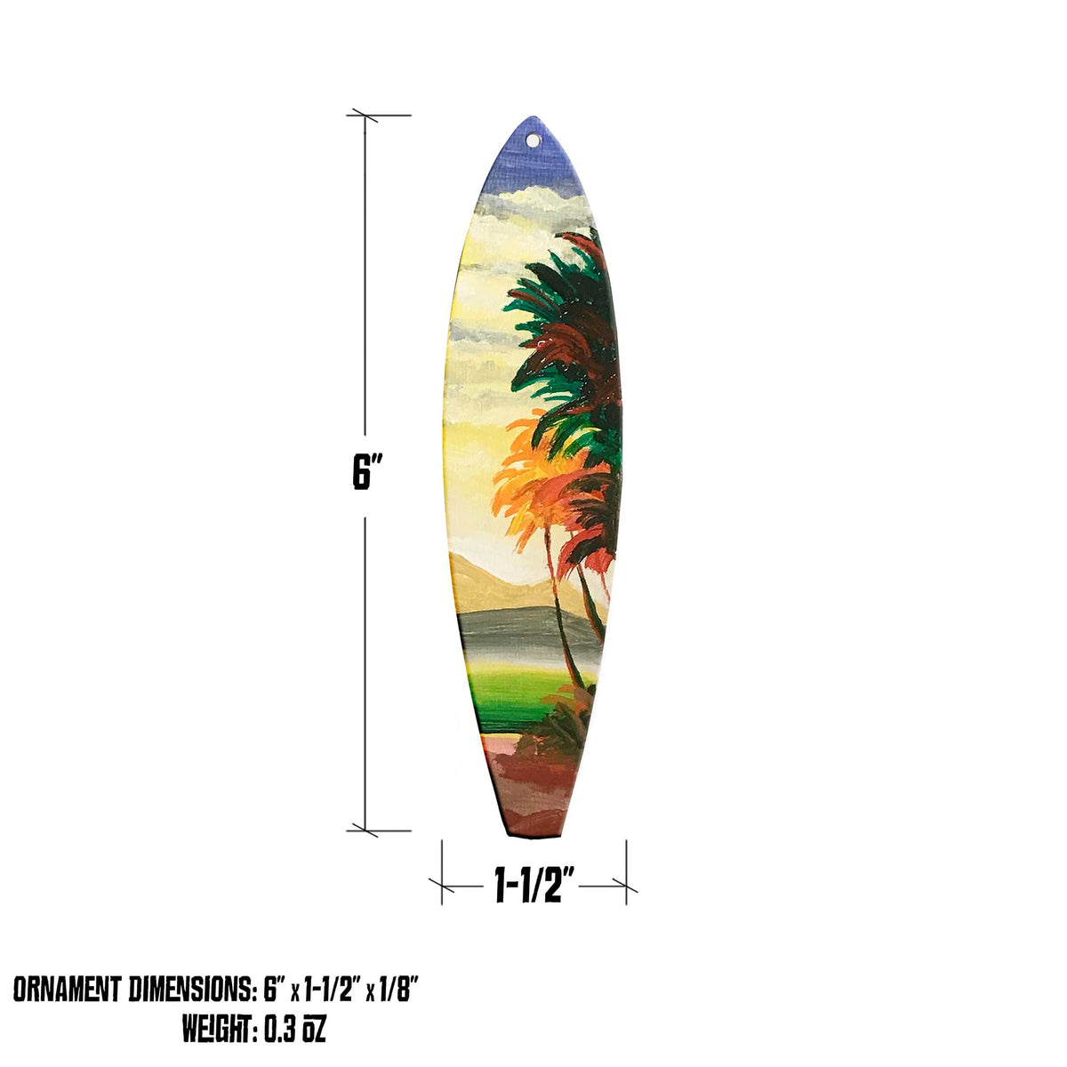 Hawaiian Holiday surfboard ornament size guide showing hand-painted tropical design on a wooden surfboard that is 6-inches tall and 1.5-inches wide