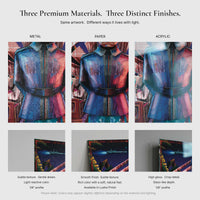 Comparison of metal, paper, and acrylic finishes for The Great Lt. Croy artwork showing texture, gloss, and color depth differences