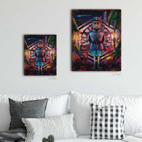 The Great Lt. Croy wall art shown in 16x20 and 24x30 size comparison above modern coastal living room sofa