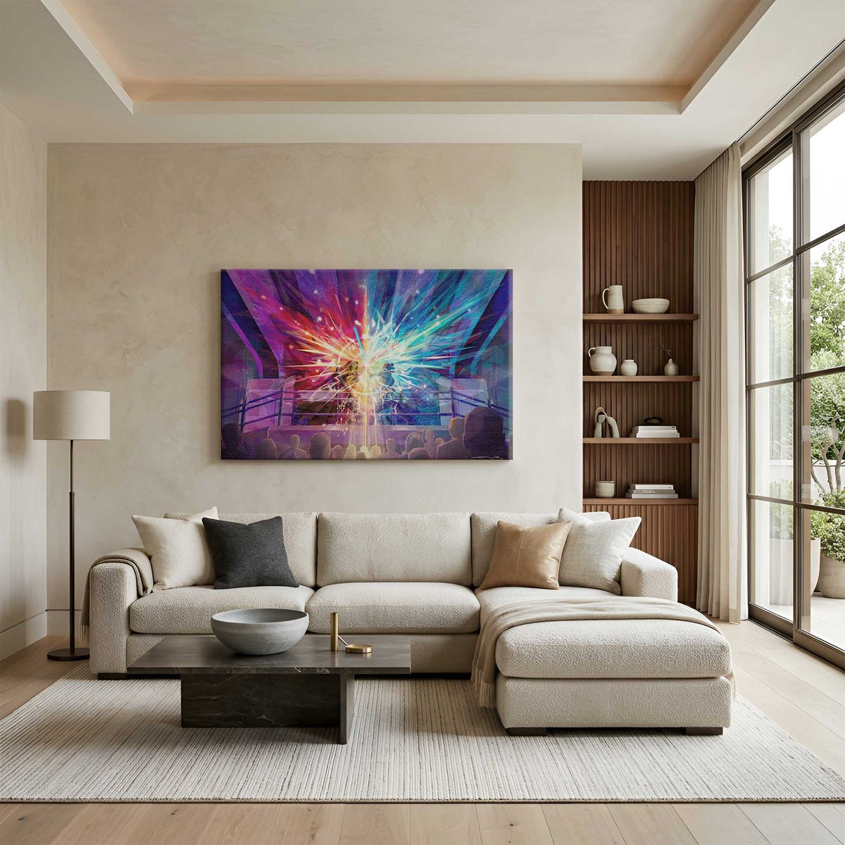 The Light We Carry Still landscape art print displayed in a warm modern living room