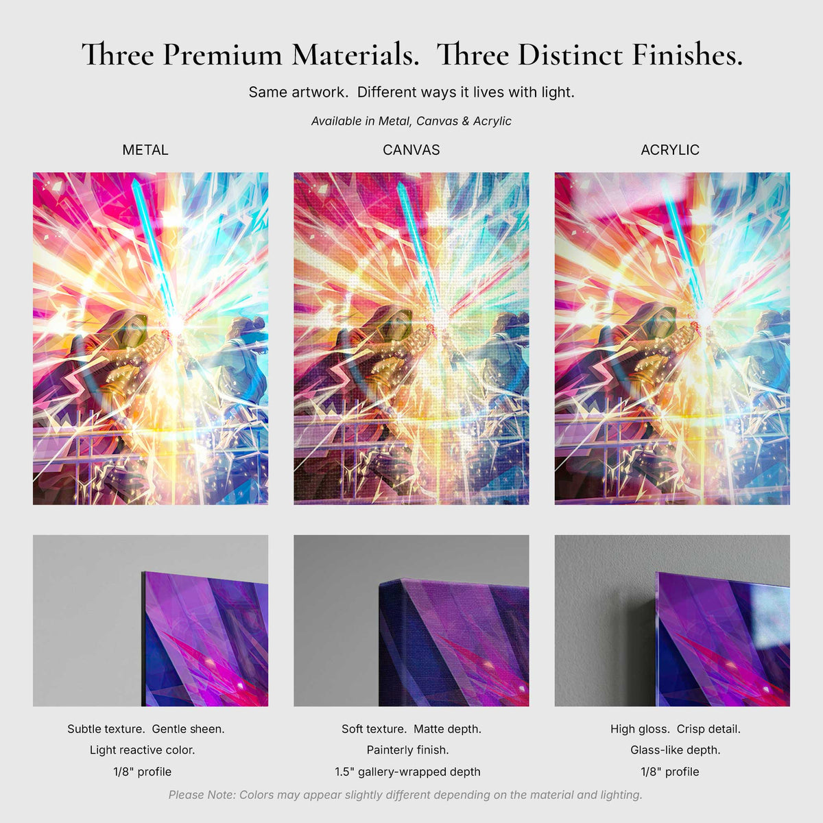 Close comparison of metal canvas and acrylic print texture and edge profiles for The Light We Carry Still