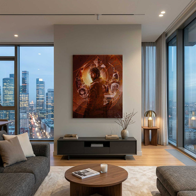 The Spark acrylic Andor art print displayed in a contemporary city living room
