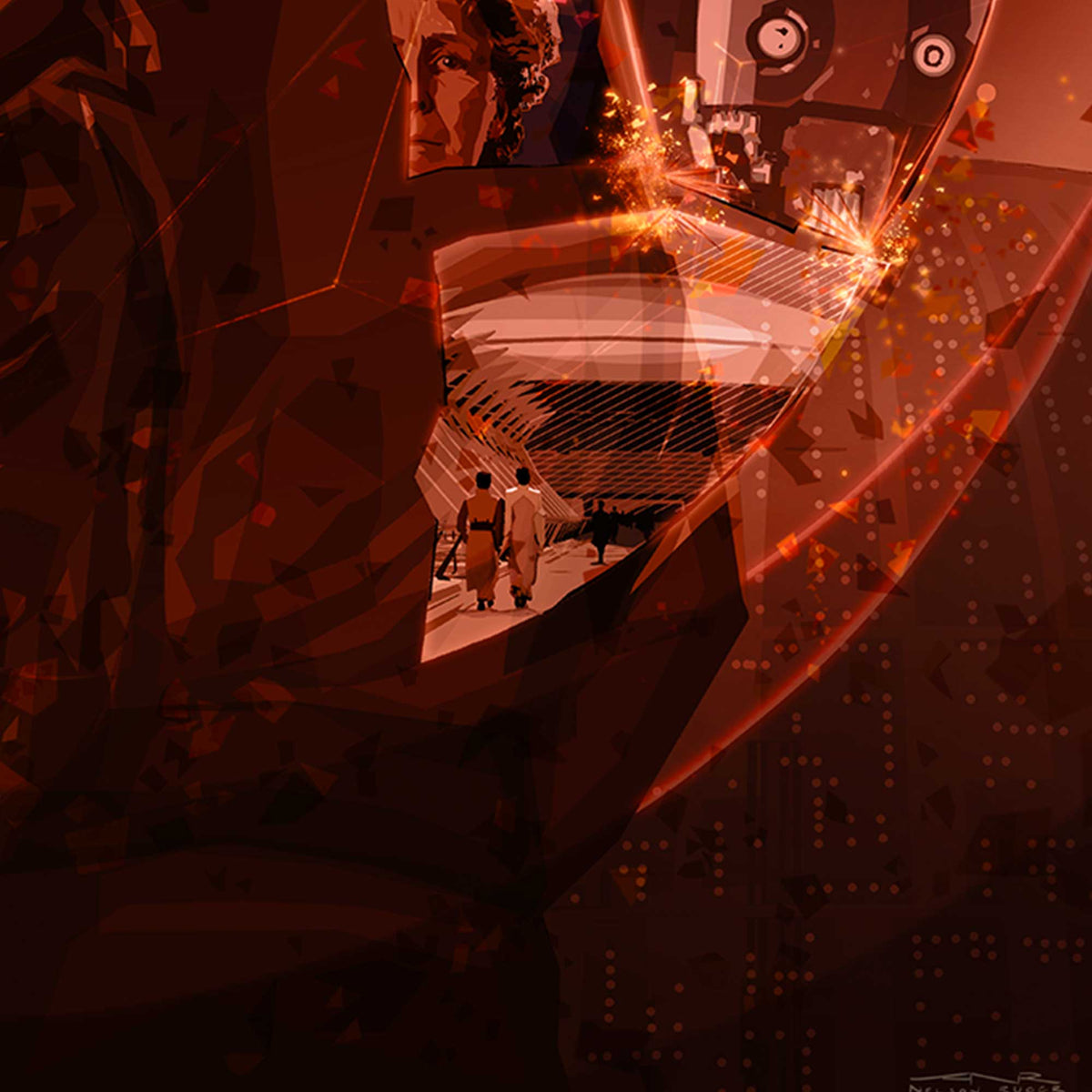 Detail of The Spark showing Cassian Andor with K-2SO and fragmented rebellion imagery
