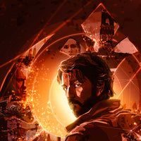 Close-up of Cassian Andor surrounded by glowing fragmented scenes in The Spark