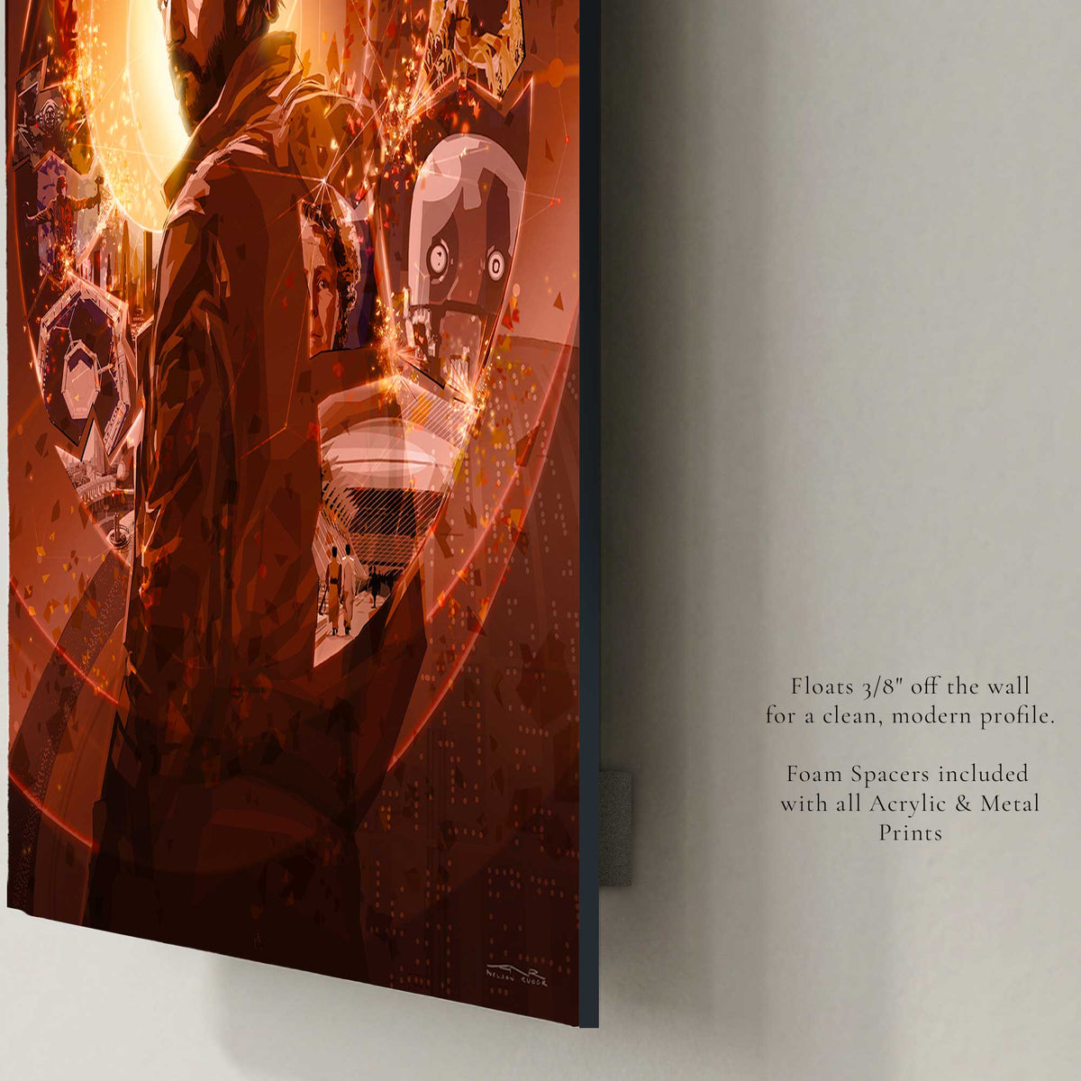 The Spark metal print floating approximately three eighths inch from the wall