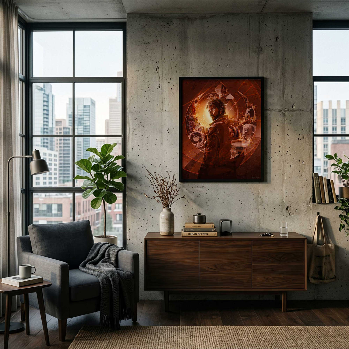 The Spark metal Andor art print displayed on a concrete wall in an urban living room