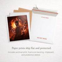 The Spark paper print packaged flat with backing, chipboard and protective sleeve