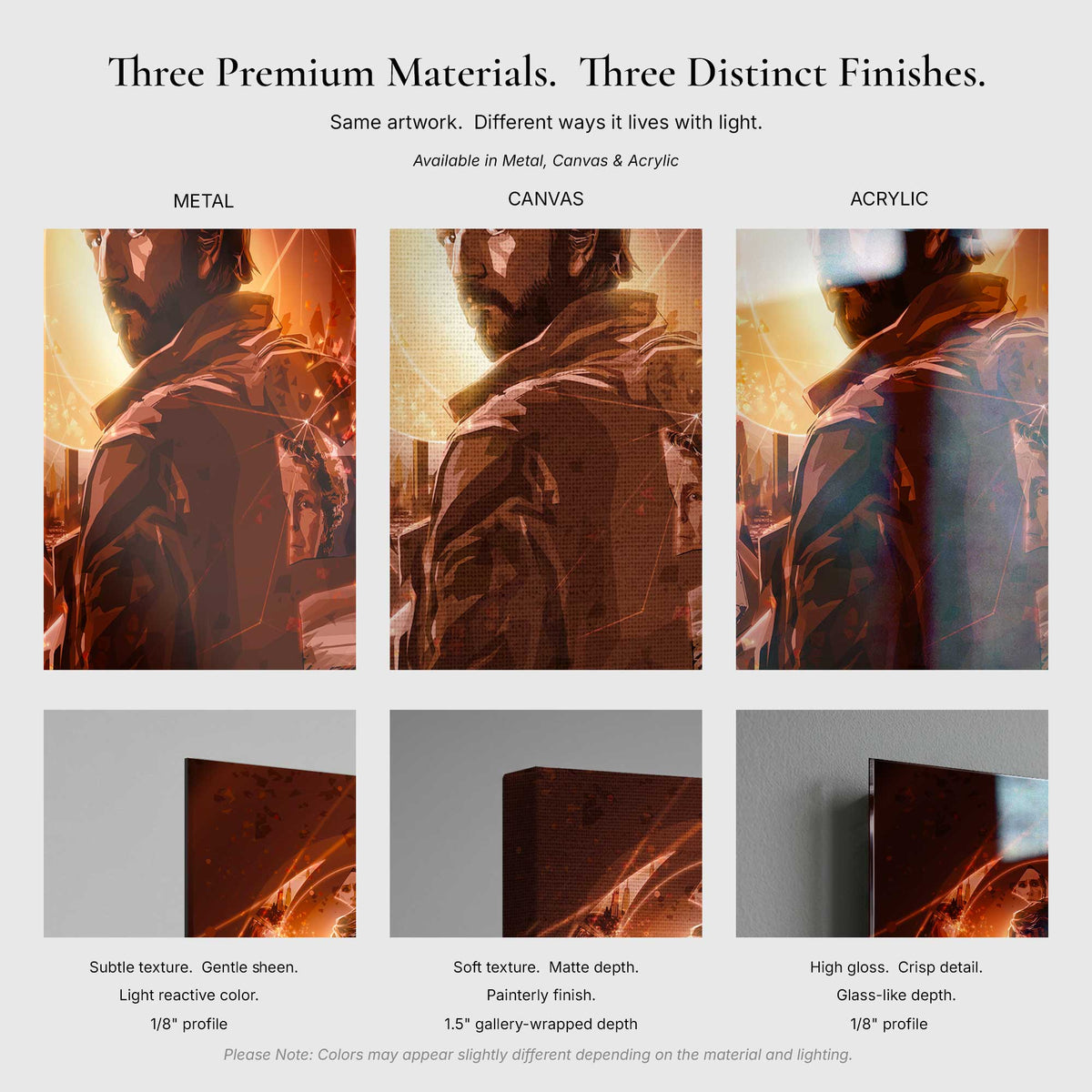 Close-up comparison of The Spark metal, canvas and acrylic textures and edge profiles