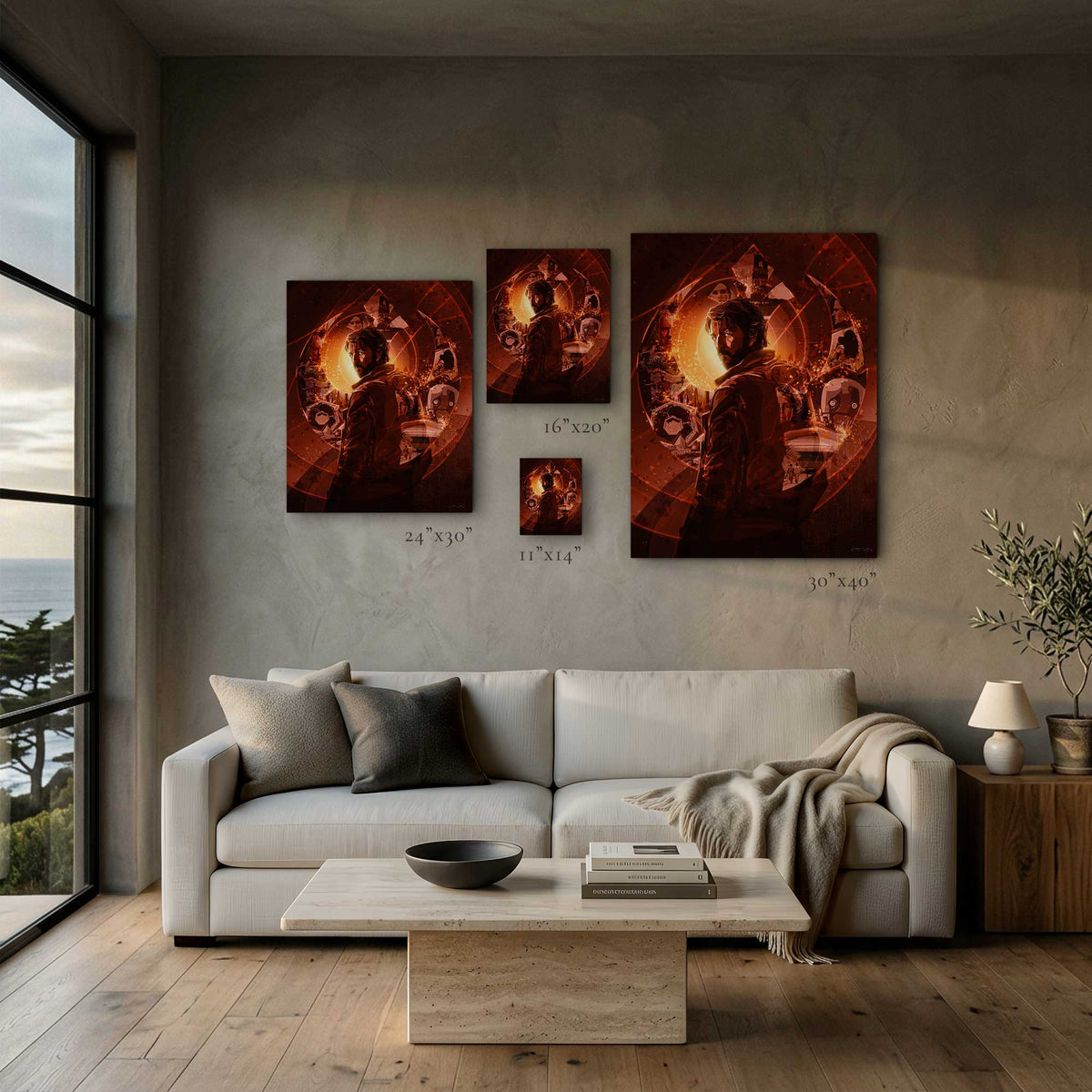 The Spark wall art size comparison showing 11x14, 16x20, 24x30 and 30x40 prints
